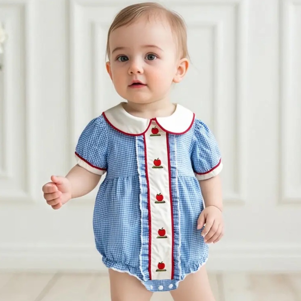 Blue Baby Romper with Apple Design 3-6 Months Vintage Peter Pan Collar